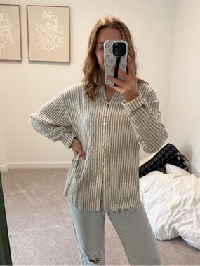 Miou Muse Small Striped Button-Up Long Sleeve Top in Light Gray